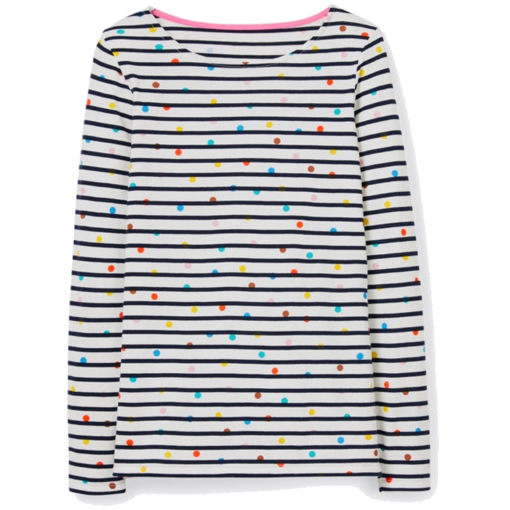 New! Boden Long Sleeve Breton Top Ivory & Navy Rainbow Spot 10 12 L 100% cotton